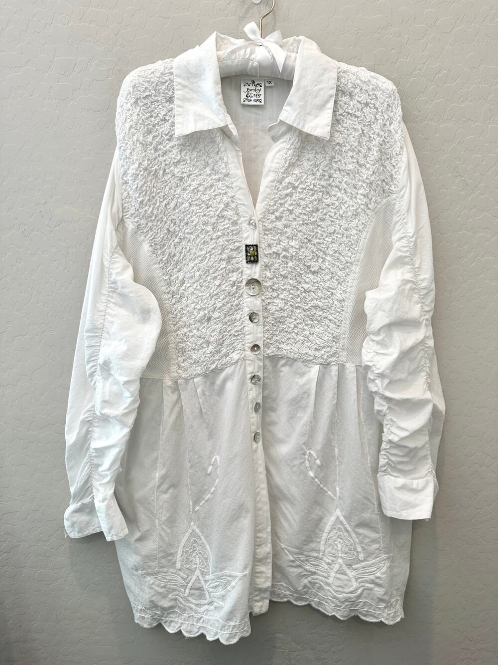 PARSLEY & SAGE White Cotton Embroidered Tunic Shirt Plus 1X Lagenlook Boho Artsy